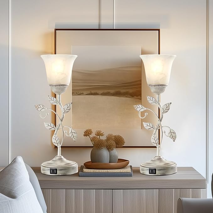 Set of 2 Rustic Touch Table Lamps for Bedroom, 3-Way Dimmable Nightstand Flower Lamp with 2 USB Ports, Retro White Glass Shade Leaf Lamp for Living Room Entryway, 2 LED Bulb Included