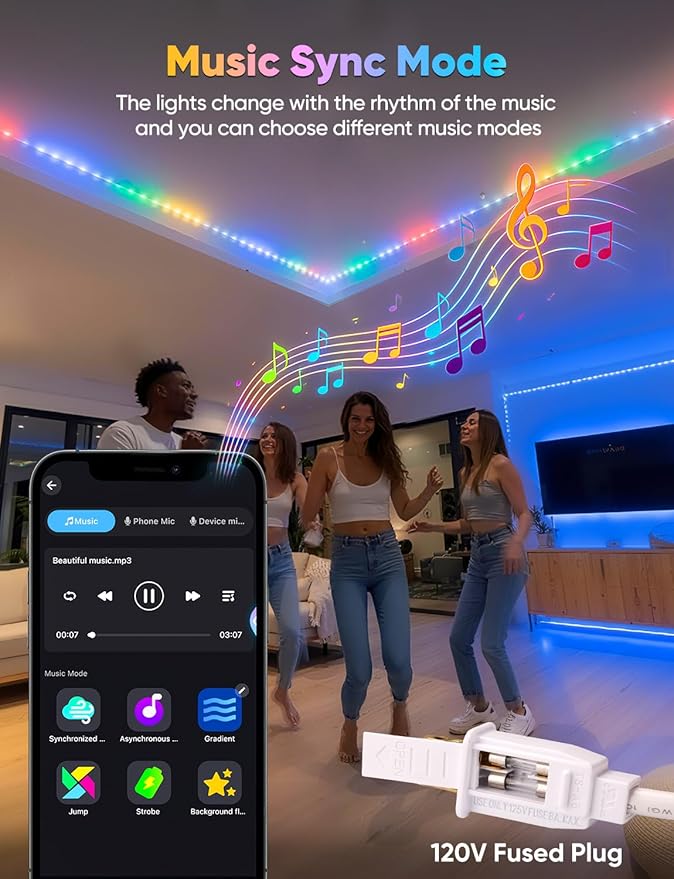 131FT Outdoor LED Strip Lights RGB+IC with Warm&Cool White, ETL Listed Music Sync Light Strip AC 120V, IP65 Waterproof and Connectable, for Party Festival Eave Porch Patio Every Day Decor
