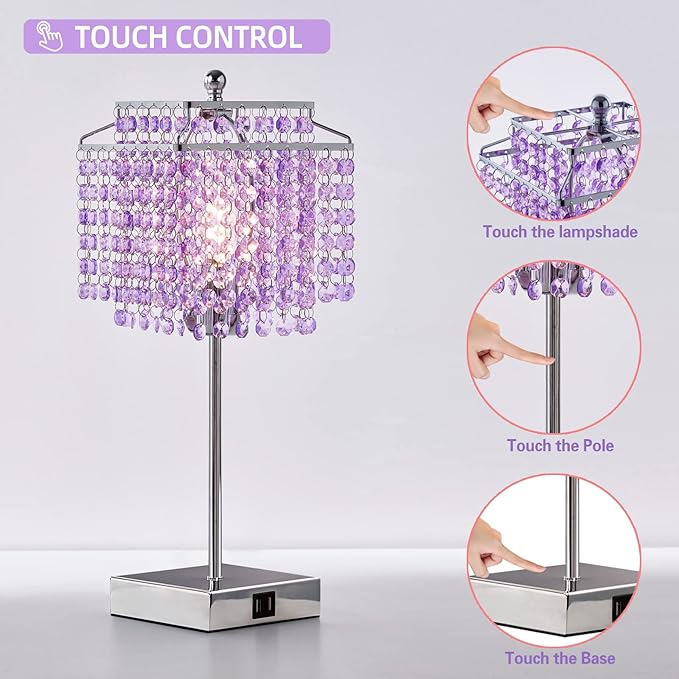 Luvkczc Crystal Table Lamp, Touch Lamp with USB C+A Ports, Dimmable Lamp with Crystal Shade, Purple Nightstand Lamp for Girl Bedroom, Living Room, Bulb Included