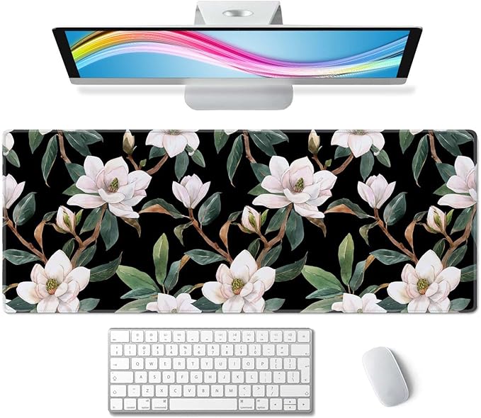Floral Desk Mat Dark Vintage Aesthetic Desk Pad Flowers Black White Green Extended Mouse Pad Large Gaming Mousepad XL Laptop Computer Mouse Keyboard Mat 31.5 x 11.8 in for Office Desk Decor