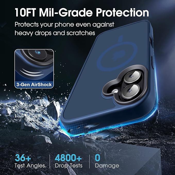 Magnetic Case for iPhone 16 Case [10FT-Grade Drop Tested & Compatible with MagSafe] Translucent Anti-Fingerprint Shockproof Protective Cover 6.1 Inch, Deep Blue