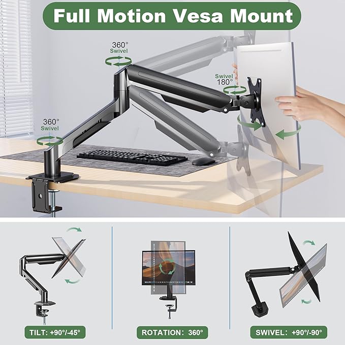UPGRAVITY Single Monitor Mount Arm for 17" to 32" Computer Screen, Mechanical Spring Adjustable Monitor Desk Mount Stand Holds up to 17.6 lbs, C-Clamp & Grommet Base, max. VESA 100x100mm