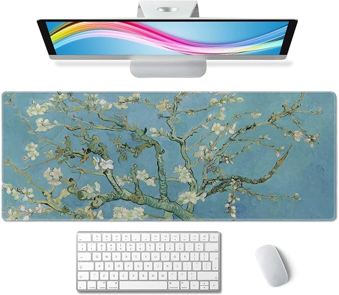 Gaming Mouse Pad, Large Mouse Pads for Desk, Non-Slip Rubber Base Mousepad, Keyboard Mouse Mat Desk Pad with Stitched Edges, 31.5x11.8 inch Vincent Van Gogh Almond Blossom