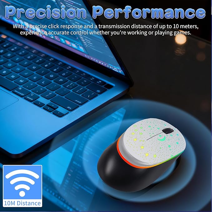 elec Space Bluetooth Wireless Mouse with Starry Sky RGB Backlight& Gradient Breathing Light - Ergonomic Dual Mode Rechargeable Mouse, Type-C Charging - Perfect for Office, Gaming & Travel (White)