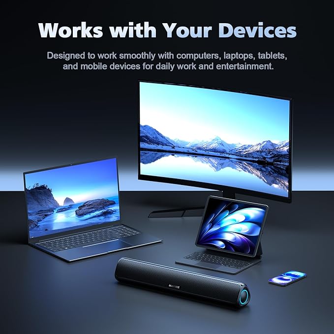 Computer Speakers for Desktop PC, 20W HiFi Stereo PC Soundbar with Bluetooth 5.3 & 3.5mm AUX, Slim Computer Sound Bar for PC Desktop, Laptop & Monitor