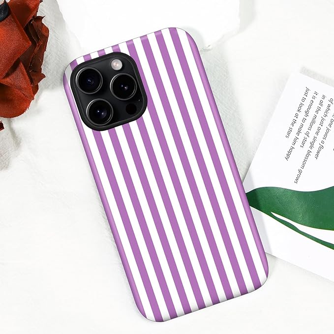 Magnetic for iPhone 16 Pro Max Case Cute Stripes Phone Case, Shockproof Slim TPU and Hard PC Protective Phone Cover Compatible with MagSafe Designed for Women Girls, Purple