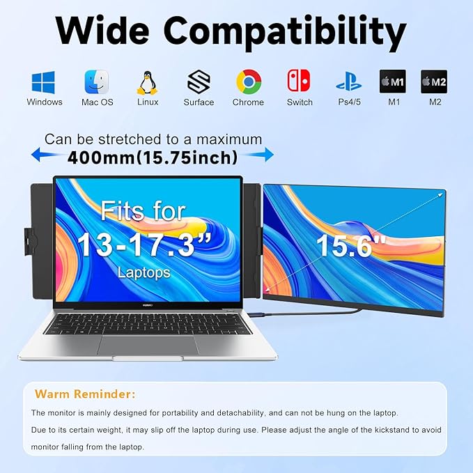 KEFEYA Laptop Screen Extender, 15.6" FHD 1080P IPS Laptop Monitor Extender Detachable, Portable Monitor for Laptops 13-17.3" with Breath Light, Plug n Play for Windows/Mac/Android/Switch/PS5