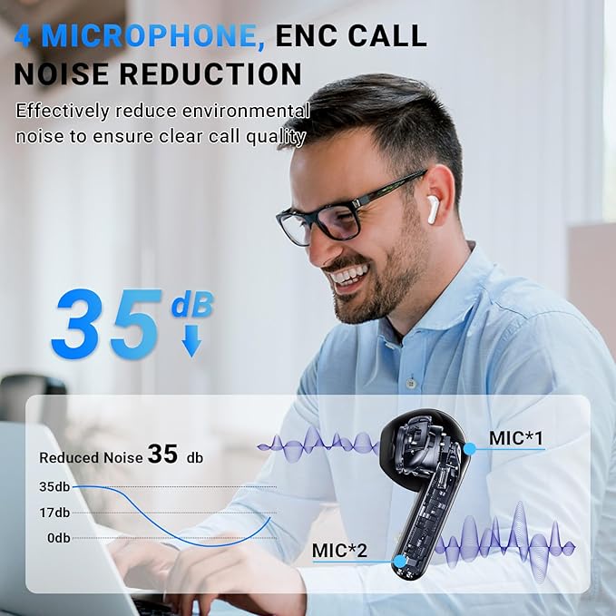 Wireless Earbuds, Bluetooth 5.4 Headphones with 42H Ultralight Ear Buds,Bluetooth Earbuds with 4 ENC Noise Cancelling Mics, HiFi Deep Bass Dual LED Display USB-C, Waterproof Earphones for Android iOS