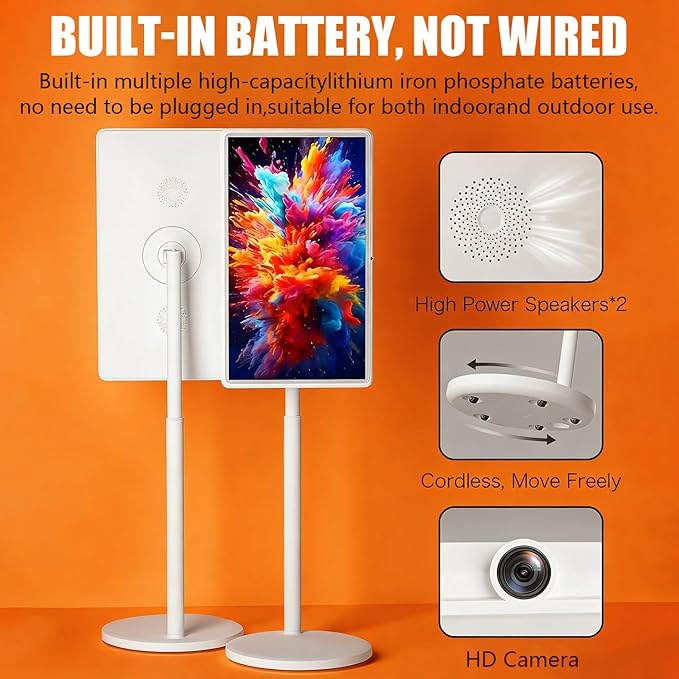 21.5"/24"/27"/32" Portable Smart Screen On Wheels, 4K Touchscreen Display, Build-in 4K Camera, Rolling TV, Built-in Battery (6-8H), Remote Control, 8+128GB Storage 21.5inches
