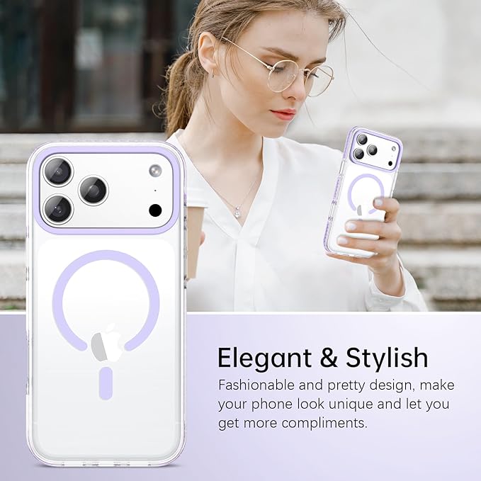 BENTOBEN Magnetic for iPhone 17 Pro 6.3" Case, Compatible with Magsafe Military Shockproof Protective Bumper Cute Transparent Slim Anti-Yellowing Phone Case for iPhone 17 Pro Cover, Clear Purple