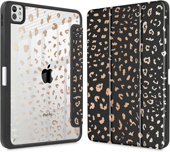 May Chen Case for iPad Pro 11-Inch M5/M4 2025/2024 (6th/5th Generation), Clear Transparent Print Back Shell Slim Stand Shockproof Tablet Cover, Auto Wake/Sleep, Leopard Print