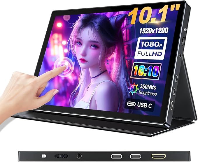 10.1 inch Portable Touchscreen Monitor, Screen Extender 1920x1200 IPS Travel Small Monitor with Cover, USB-C HDMI Computer Touch Screen Display for Laptop Windows PC Mac PS4 Xbox