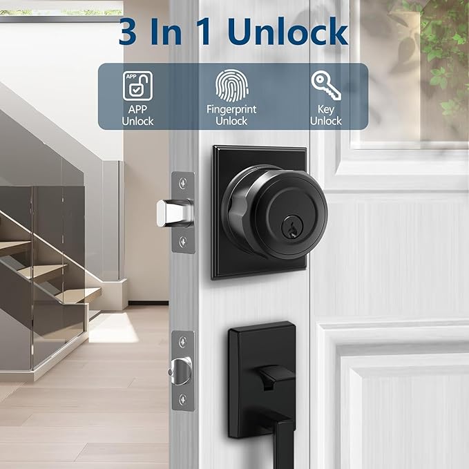GeekTale Fingerprint Deadbolt, Fingerprint Door Knob, Smart Deadbolt Lock, Smart Door Lock, Twist to Lock&Unlock, Keyless Entry Door Lock with App, for Front Door, Garage, Easy Installation