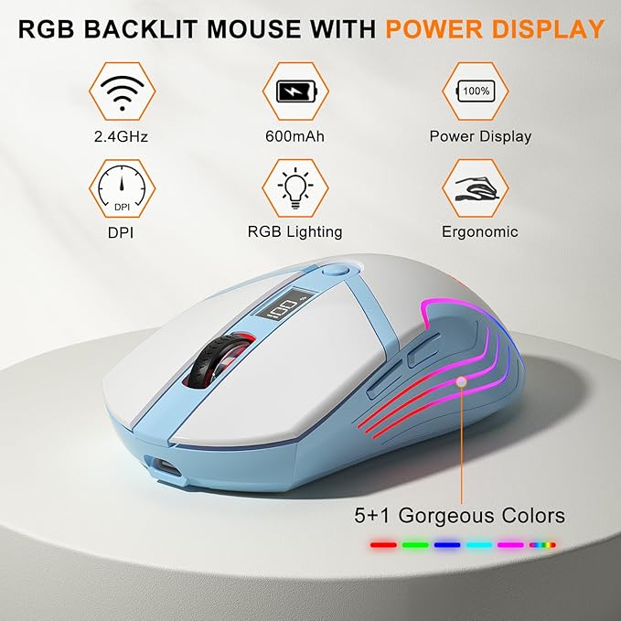 BlueFinger 75% Wireless Gaming Keyboard and Mouse with Smart Display, Rechargeable Light Up Wireless Keyboard with Knob Control, RGB Backlit Gaming Mouse for Mac Laptop Computer PC Gamer