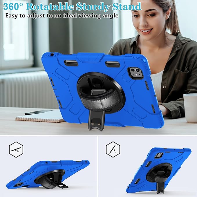 Case for iPad Pro 11 M5 2025/ M4 2024: Protective Cover for iPad Pro 11 Inch 5th Generation with Screen Protector- Stand- Handle- Shoulder Strap- Pencil Holder-Black+Blue