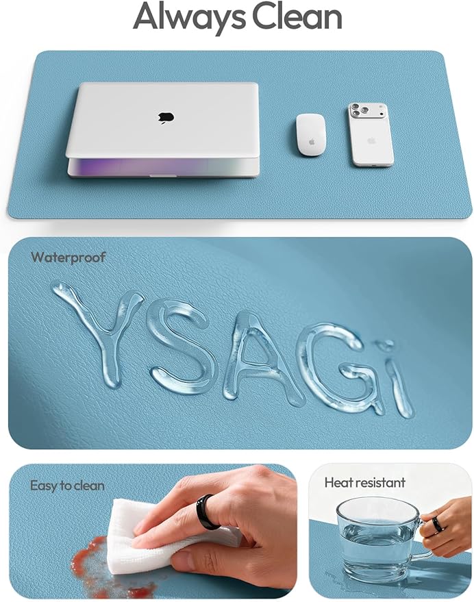 YSAGi Leather Desk Protector, Office Mat, Large Mouse Mat, Non-Slip PU Leather Blotter, Laptop Desk Pad, Waterproof Writing Pad for Office and Home (Sea Blue, 31.5" x 15.8")