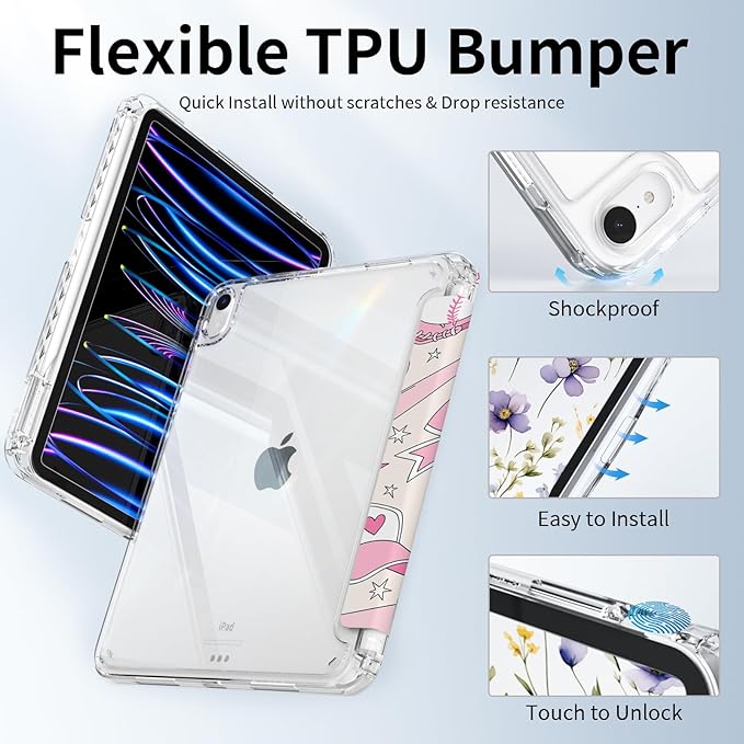 Case for iPad 11th Generation A16 Chip 2025, Slim iPad 10th Generation Case 10.9 2022 with Pencil Holder, Protective Lightweight Transparent Clear Back Cover, Trifold Stand, Pink Baseball