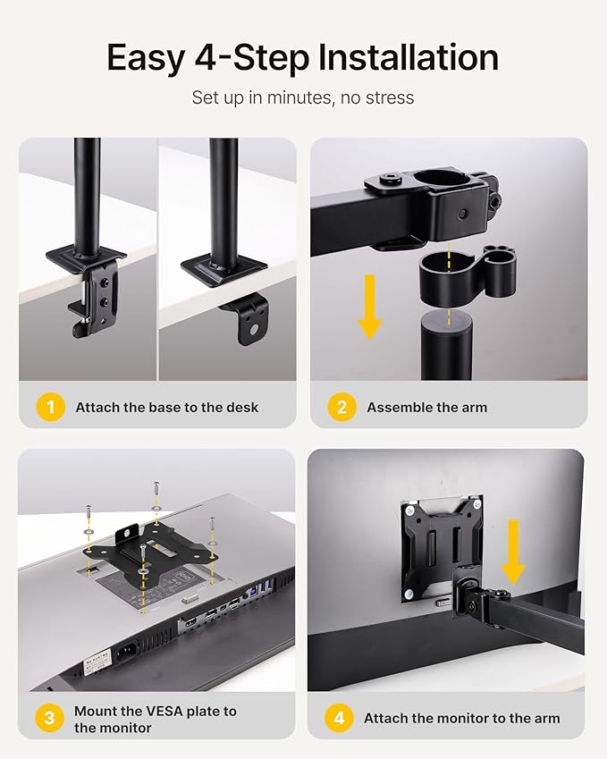 monTEK Extra-Long Single Monitor Mount for 17-32 inches Screen, Fully Adjustable Articulating Desk Monitor Stand up to 22lbs Capacity, Computer Mount with C Clamp and Grommet Base, Max VESA 100x100mm