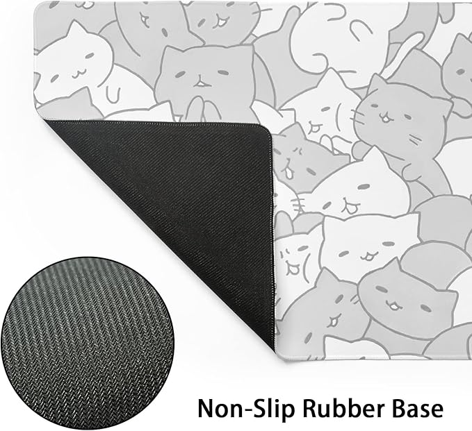 Kawaii Cats White Gaming Mouse Pad XXL Cute Kittens Japanese Extended Big Large Desk Mat Non-Slip Rubber Base Stitched Edge Long Keyboard Mousepad for PC Computer Laptop, 35.4×15.7 Inches