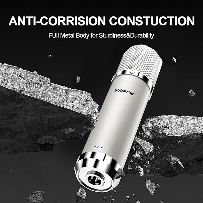 SUUNTOK FET Condenser Microphone Professional XLR Studio Microphone with 34mm Large Diaphragm, Cardioid Recording Mic Computer Gaming PC TM251S Mic Kit for Singing, Podcasting, YouTube (Gray)