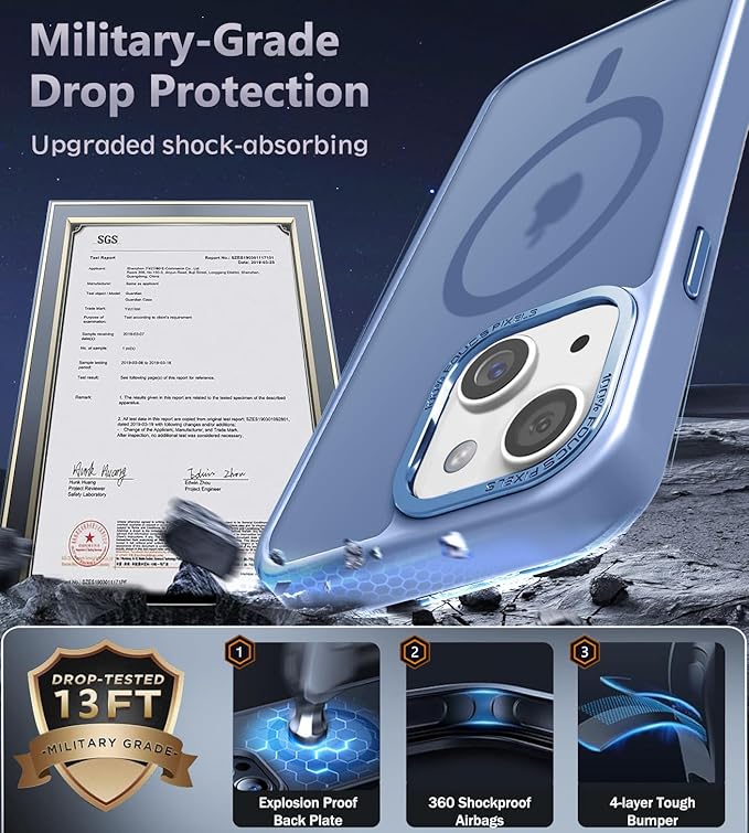 Newfuture Designed for iPhone 13 Case & iPhone 14 Case with Magnetic [13 FT Military Drop Protection] [Compatible with Magsafe] Slim Translucent Shockproof with Anti-Fingerprint Phone Case, Light Blue