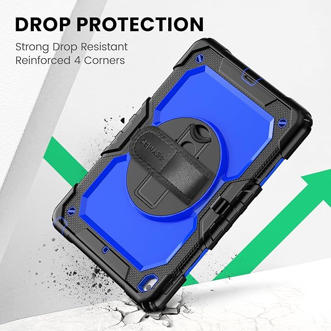 SEYMAC for iPad 9th/8th/7th Generation Case 10.2" 2021-2019, Full-Body Shockproof Heavy Duty Protective Case with Screen Protector, Rotating Stand/Handle/Shoulder Strap for iPad 10.2, Black/Blue