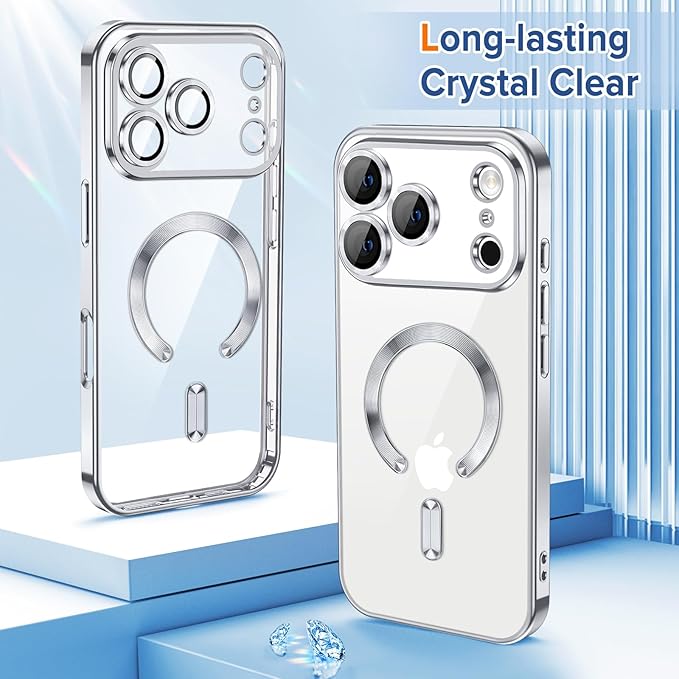 Hython Magnetic Clear for iPhone 17 Pro Case with Camera Lens Protector [Compatible with MagSafe] Luxury Plating Edge Slim Soft TPU Cover Protective Phone Case for iPhone 17 Pro 6.3", Silver