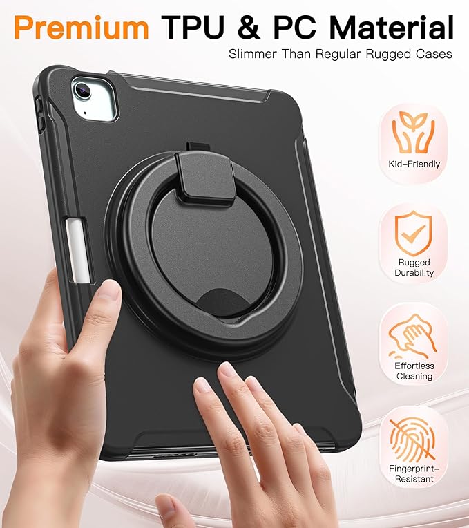 BATYUE Shockproof Case for iPad Air 11" M2/M3/M4, Air 4/5 10.9", iPad Pro 11" 1st-4th Gen 2018-2022 | 360° Multi-Angle Stand (Portrait & Landscape) & Grip, Built-in Pencil Holder, Black