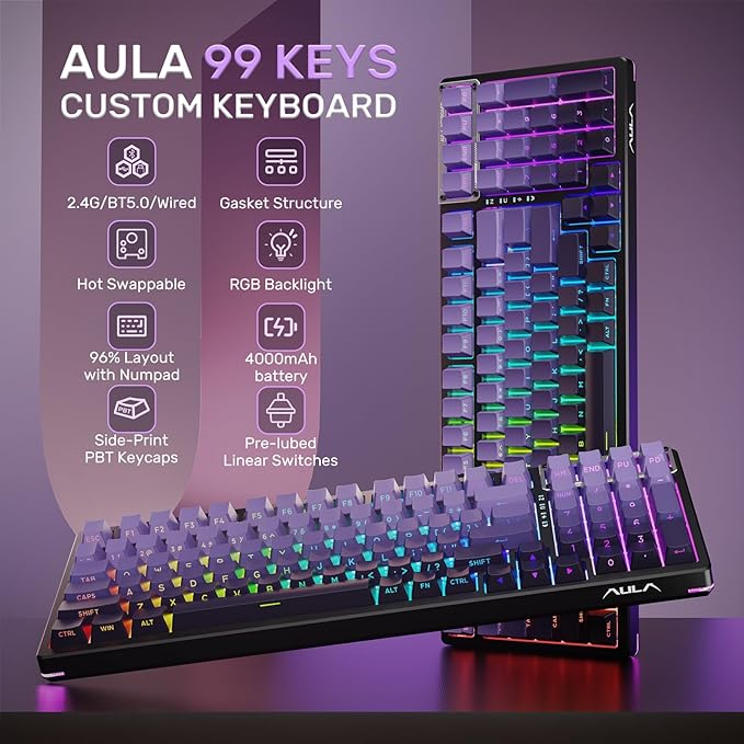 AULA Mechanical Keyboard, Wireless Gaming Keyboards Tri-Mode Bluetooth/2.4G/USB-C Hot Swappable 99 Keys Custom Creamy Keyboard 99 Keys Full Size Computer Keyboards for PC Xbox PS5 MAC