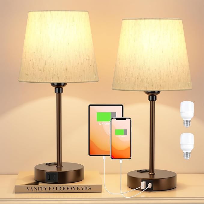 Brown Bedside Lamps for bedrooms Set of 2 - Nightstand Bedroom Lamp with USB C Port and AC Outlet Charging, 3 Way Dimmable Touch Control Small Bed Side Table Lamp, Nightstand Light for Kids