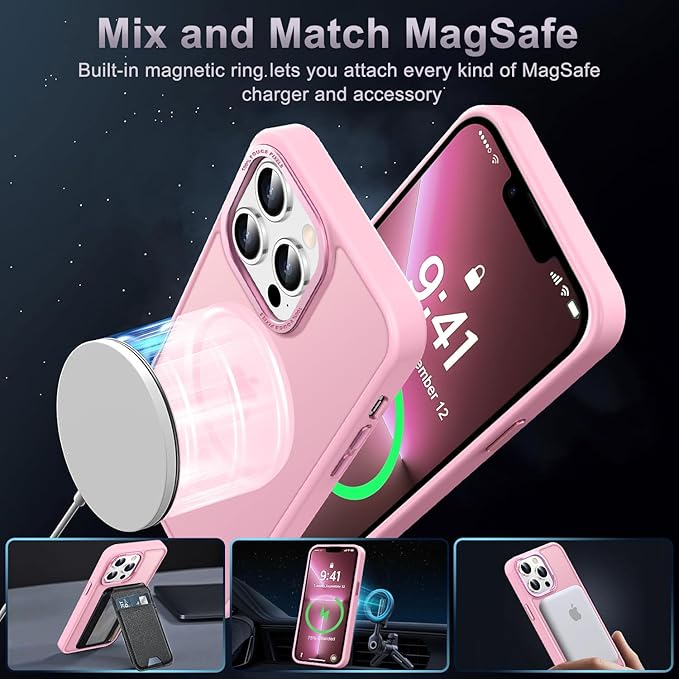 Newfuture Designed for iPhone 13 Pro Max Case with Magnetic [13 FT Military Drop Protection] [Compatible with Magsafe] Slim Translucent Matte Shockproof with Anti-Fingerprint Phone Case, Chalk Pink