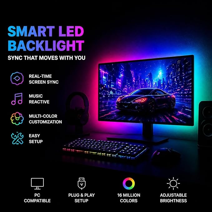 Monitor Backlight for 24-34 inch PC, 27 Inch Monitor Light with PC Sync, RGB LED Strip Lights for Gaming, Zero Delay Effect with Software Control, Works with Windows/Mac (27 inch)