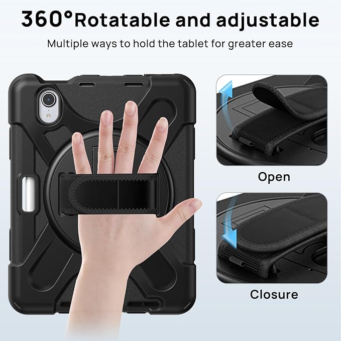 Gerutek Case for iPad mini 7 (A17 Pro) 2024/Mini 6 2021 8.3 inch, Shockproof Cover for iPad mini 7/6th Generation with Screen Protector, 360° Rotating Stand, Hand/Shoulder Strap, Pencil Holder-Black