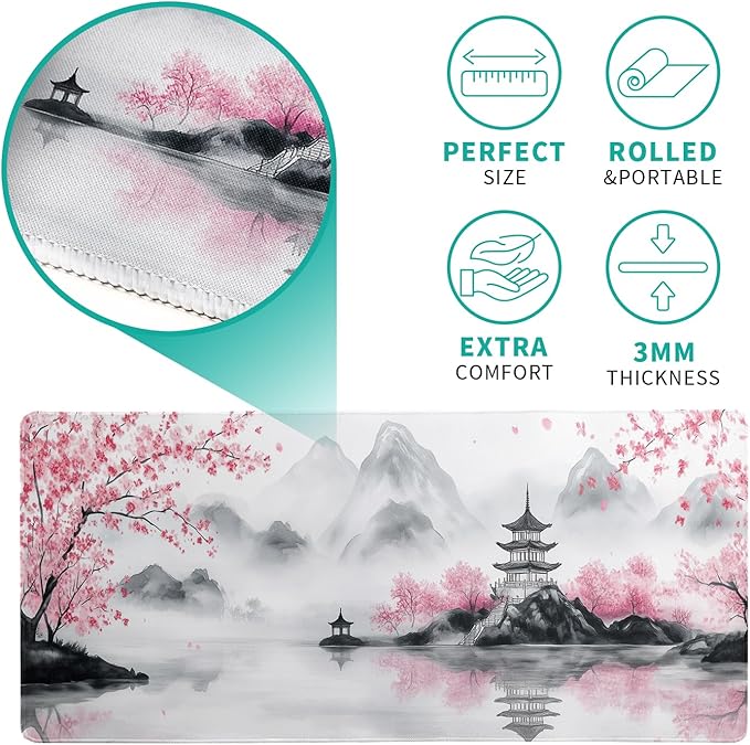Pagoda Mouse Pad 31.5x11.8 Inch White Full Desk Japanese Mousepad Extended Large Non-Slip Rubber Base Waterproof Big Keyboard Mat with Stitched Edges for Gaming and Office