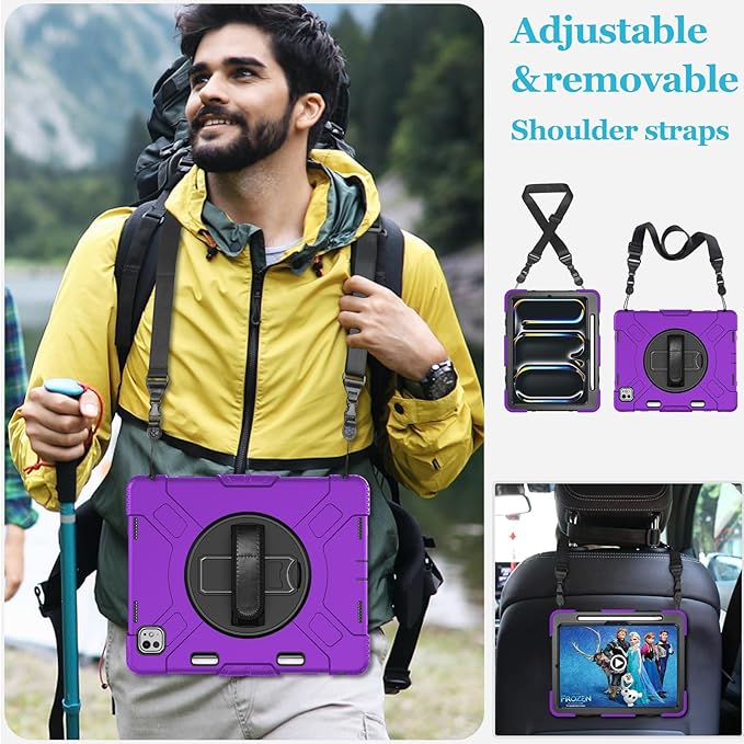 Case for iPad Pro 13 Inch M5 2025/ M4 2024: Military Grade Cover for iPad Pro 13" with Screen Protector - Stand - Handle - Shoulder Strap - Pencil Holder- Purple