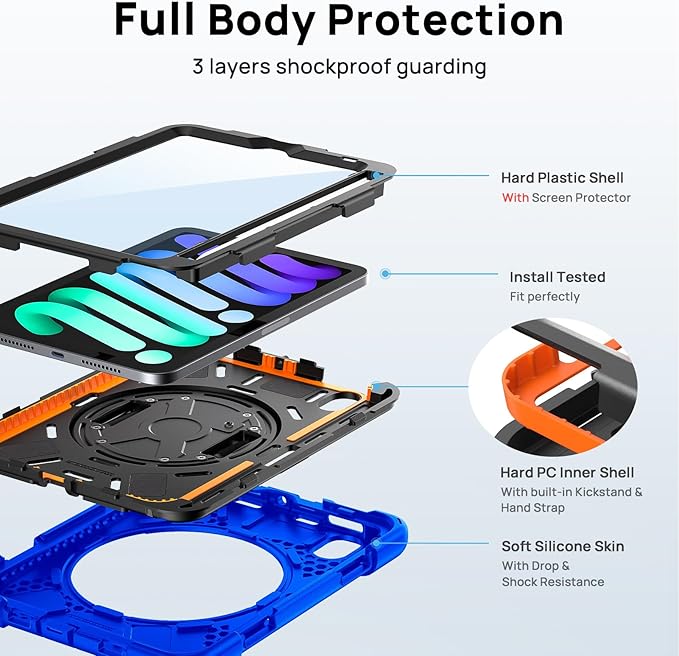Gerutek Case for iPad mini 7 (A17 Pro) 2024/Mini 6 2021 8.3 inch, Shockproof Cover for iPad mini 7/6th Generation with Screen Protector, 360° Rotating Stand, Hand/Shoulder Strap, Pencil Holder-Blue