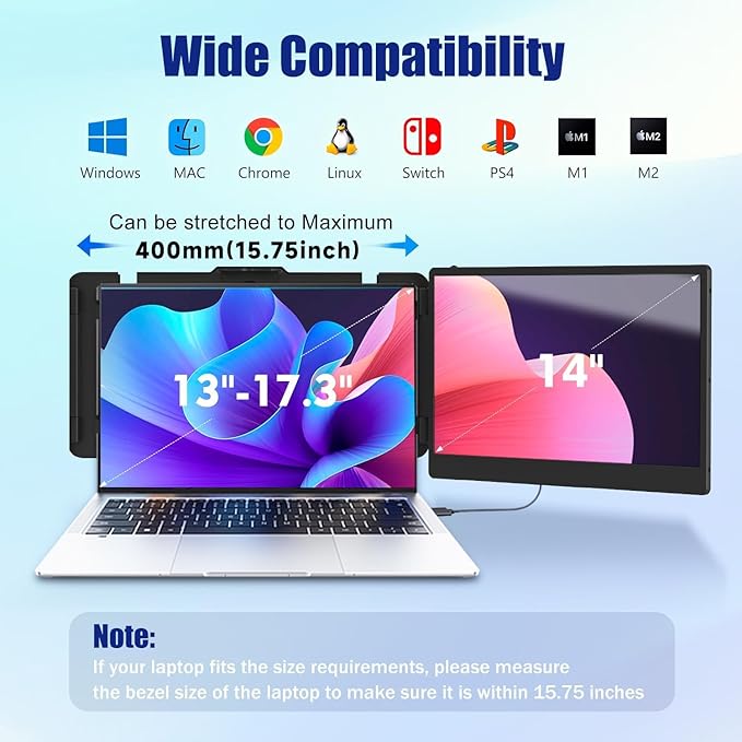 KEFEYA Laptop Screen Extender 14", FHD 1080P IPS Laptop Monitor Extender Dual Screen, Portable Monitor for Laptops 13-17" with USB-C/HDMI Port, Plug n Play for Windows/Mac/Android/Switch/PS5