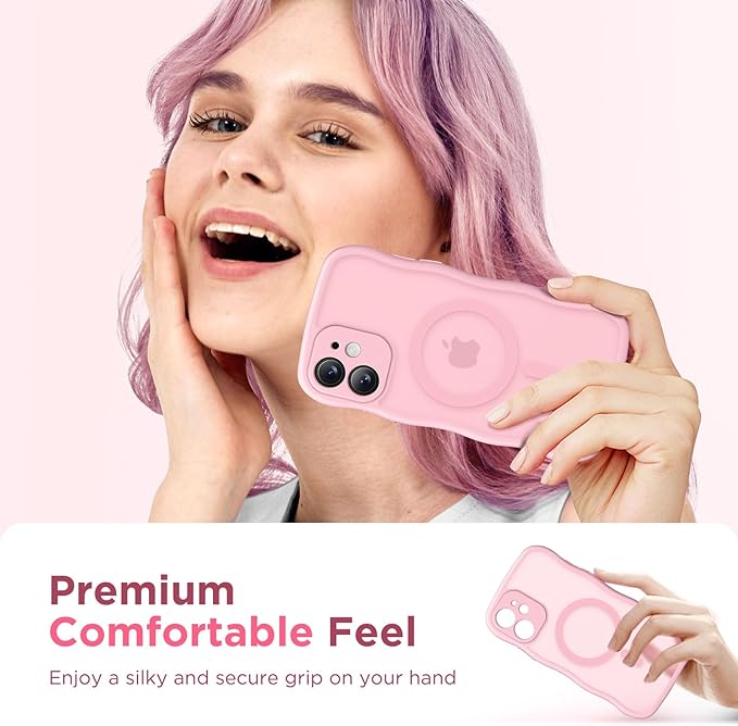 CAPRARO Cute for iPhone 11 Case, Compatible with MagSafe, [Curly Wave Edge] [Full Camera Protection] [14 FT Drop Protection] Magnetic Phone Case for 11 6.1 Inch, Peach Pink