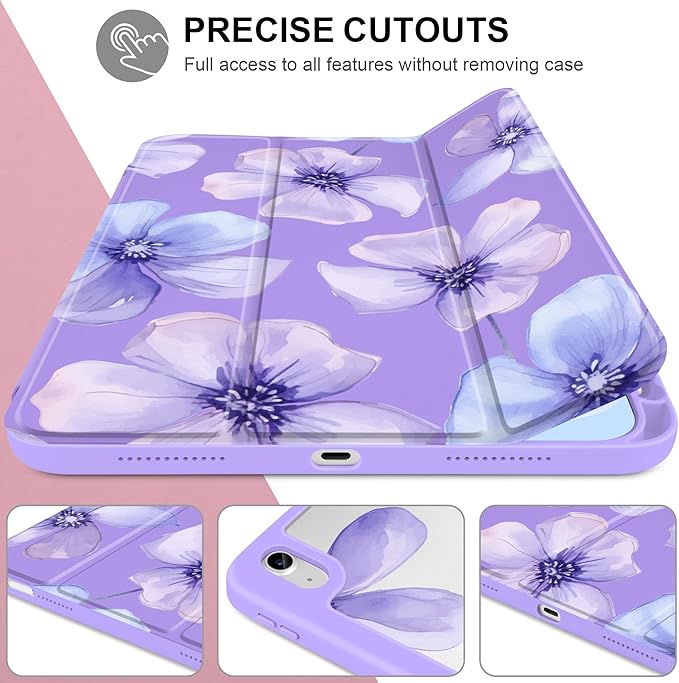Case for iPad Air 11 inch M4 2026 M3 2025 M2 2024,iPad Air 5th (2022) / 4th (2020) 10.9 Inch Clear Back Shell Shockproof TPU Edge Trifold Stand Auto Wake Sleep Cute Cover, Blue Floral