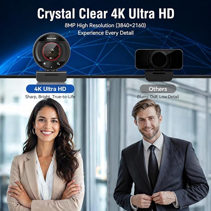 4K Webcam with Microphone for PC Laptop 1080P@60fps Web Cam with Privacy Cover for Streaming with PDAF 8X Digital Zoom for Desktop Camera for Mac Windows USB Web Cam for Teams/Twitch/Zoom/Meeting