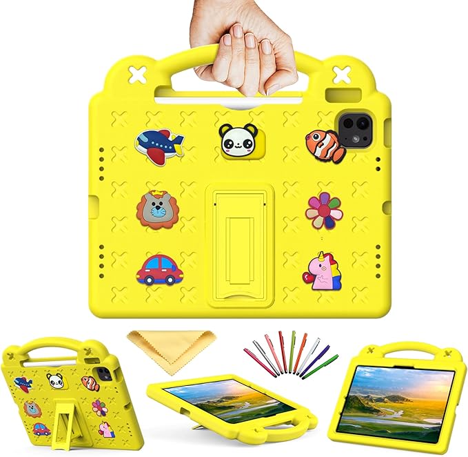 for iPad Air 11 inch Kids Case M3/M2 (2025/2024) & iPad Pro 11 Inch M4 Case 2024 with Pencil Holder/Handle/Kickstand/Cute DIY Soft EVA Shockproof Stand Lightweight Tablet Cover, Yellow Bear