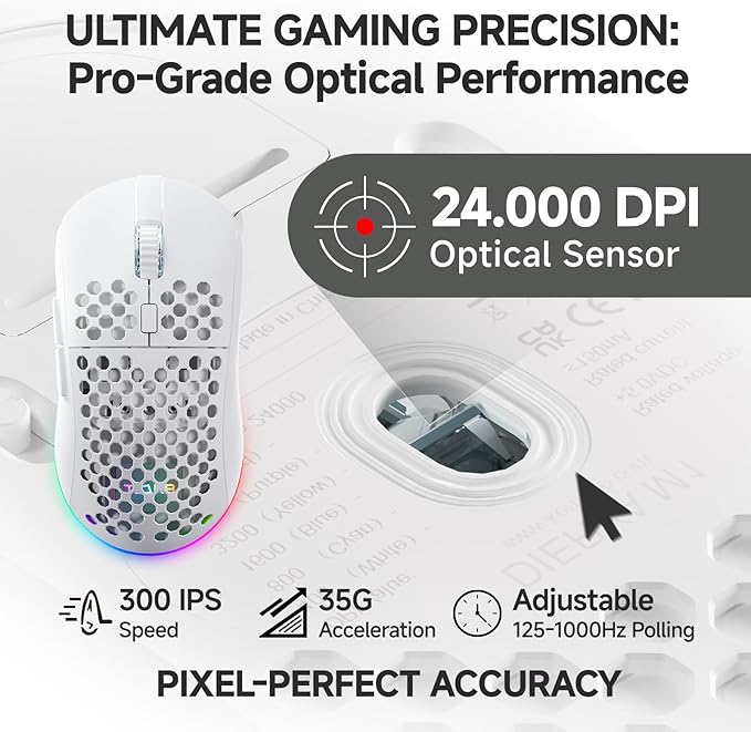 TMKB Wireless Gaming Mouse, 24000DPI Optical Sensor, 180Hrs Battery, Lightweight, 6 Programmable Buttons, RGB Strip, 2.4G/BT5.2/USB-C Wired for PC/Mac/Laptop - Matte White