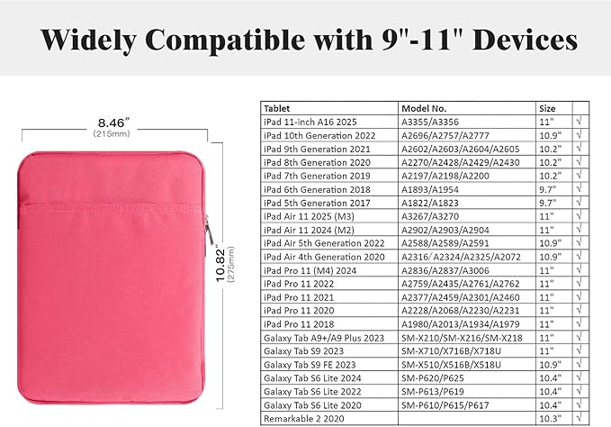 TiMOVO 9-11" Tablet Sleeve Bag for iPad 11-inch A16 2025, iPad 10.9"/10.2"| Air 11 Inch/5th/4th Gen. 10.9", Galaxy Tab A9+/A11Plus 11", Protective Bag Fit Smart Keyboard, Rose Pink