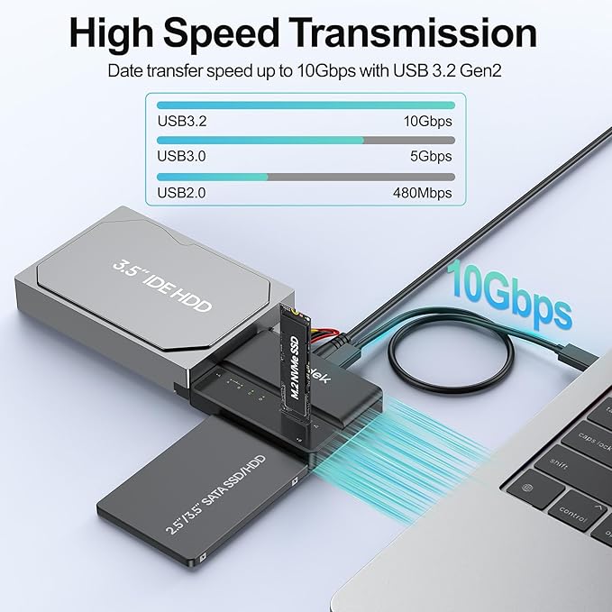 SUIDEK M.2 NVMe Adapter, USB 10 Gbps Hard Drive Reader Tool Free PCIe NVMe, SATA and IDE Adapter, M2 SSD Enclosure Supports (M Key&M+B Key) Any Sizes M.2 SSD, 2.5/3.5" SATA SSD HDD and 3.5" IDE HDD
