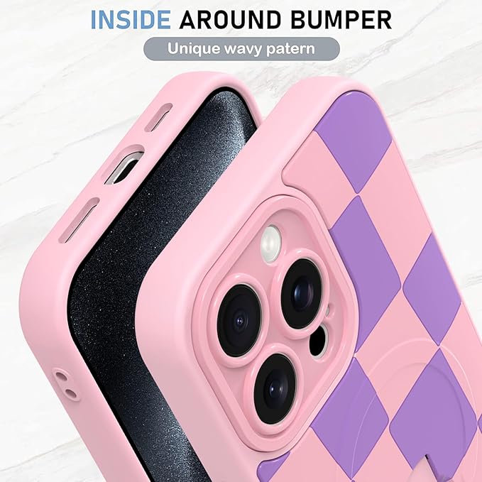 KANGHAR Compatible with iPhone 15 Pro Case, Support for MagSafe, Silicone Checkered Cute Pattern, Wristband Kickstand Camera Protection Soft Slim Cover for Girls Women -Pink