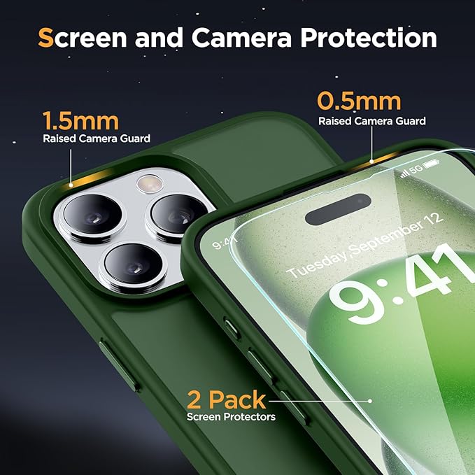 Miracase Magnetic for iPhone 15 Pro Case 6.1 inch (Compatible with MagSafe)（with 2X Screen Protectors）Military-Grade Protection, Anti-Fingerprint Translucent Matte Phone Cover, Dark Green