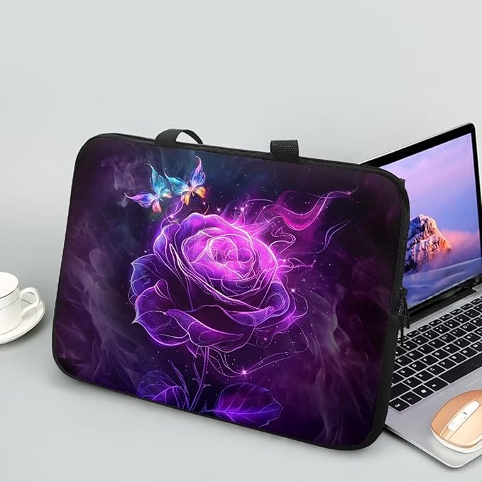 Purple Rose Butterfly Laptop Sleeve 13 Inch, Laptop Tote Bag for Women Girls, Waterproof Computer Tablet Handbag Case with Handle, Carrying Case Laptop Cover for Travel/Business/School