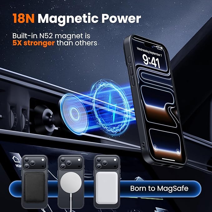 toushion 3 in 1 for iPhone 17 Pro Max Case Matte Black,Fits MagSafe, Screen Protector*1 Camera Lens Protector*1,Matte Skin Feeling Back, Cover Military-Grade Protection