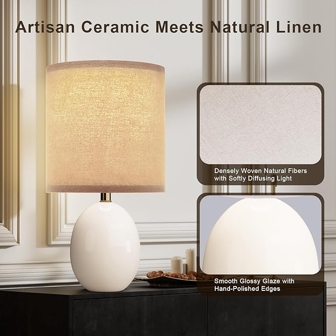 Dawnwake 18.5" Table Lamp Set of 2 for Living Room Bedroom, Bedside Lamps for Night Stands, Desk Nightstand Lamp Dimmable, Modern Linen Cream Ceramic Lamps (White-B)
