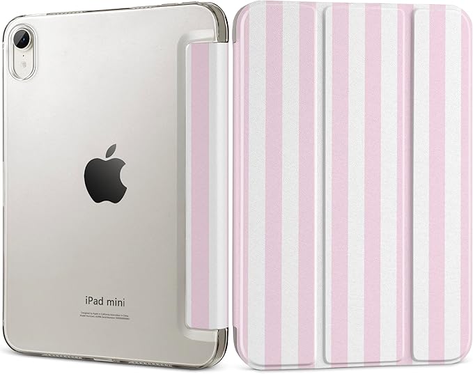 DONGKE for iPad mini 7 (A17 Pro) 2024 & iPad mini 6 2021 8.3 Inch, Slim Foldable Stand Hard PC Translucent Back Shell Smart Cover for iPad mini 7th/6th Generation [Auto Wake/Sleep] - Pink Stripes